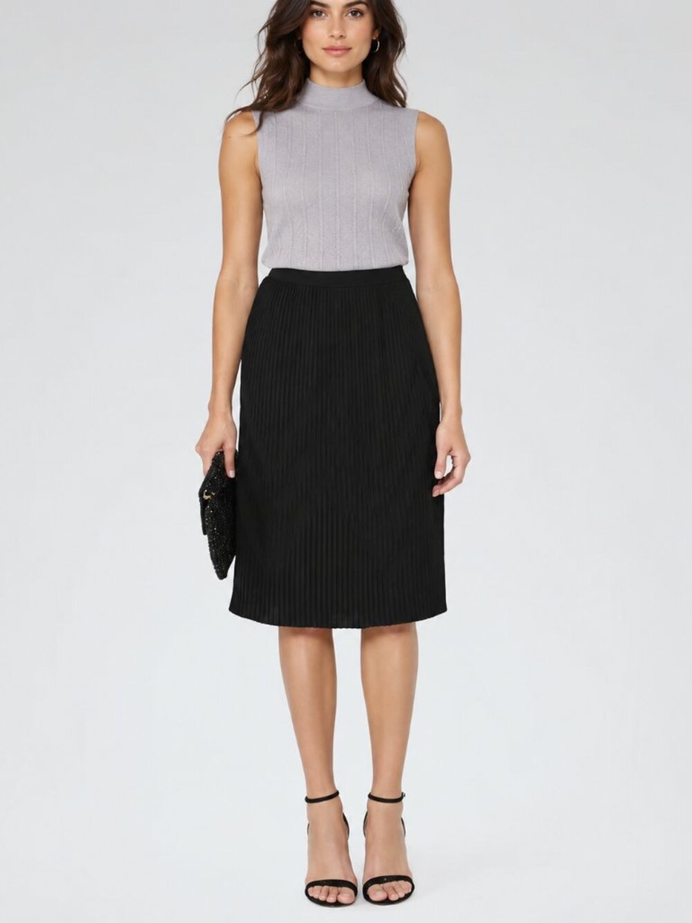 REISS Trudy Plissé Black Midi Skirt | Size US 4 / UK 8